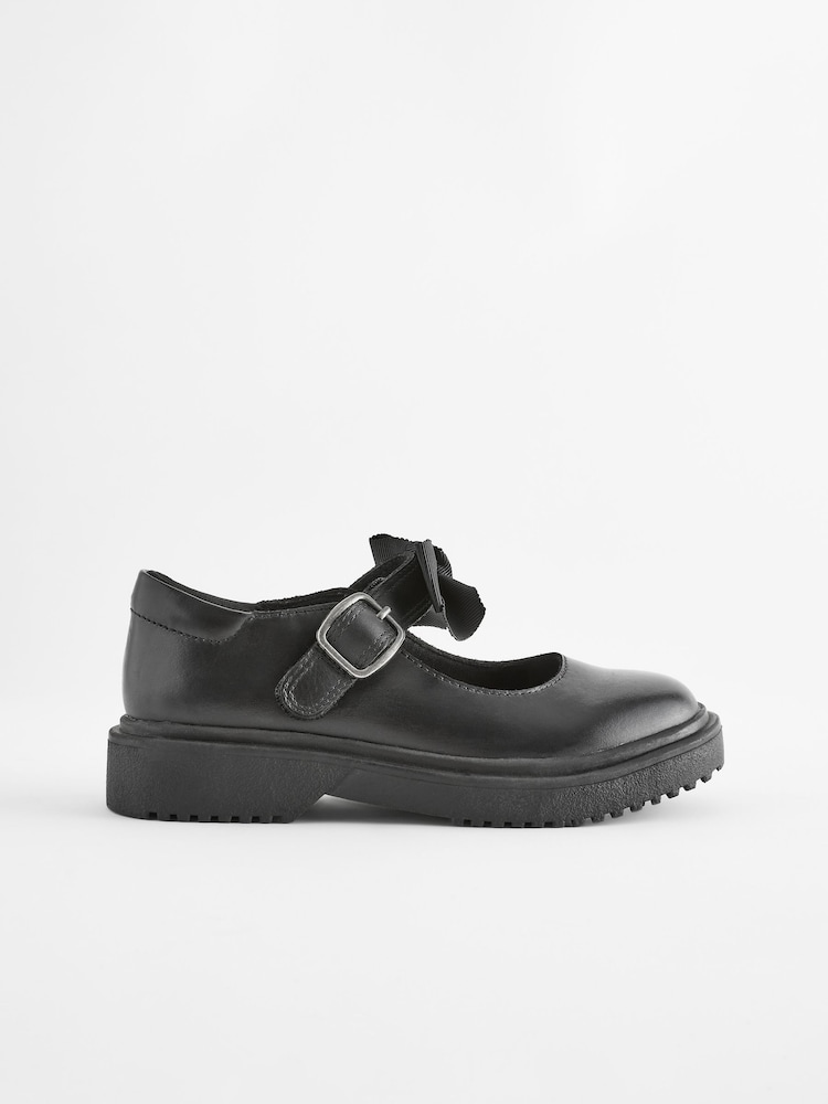 Matt Black Standard Fit (F) Leather Bow Chunky Mary Jane School Shoes - Image 1 of 7