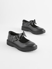 Matt Black Standard Fit (F) Leather Bow Chunky Mary Jane School Shoes - Image 2 of 7
