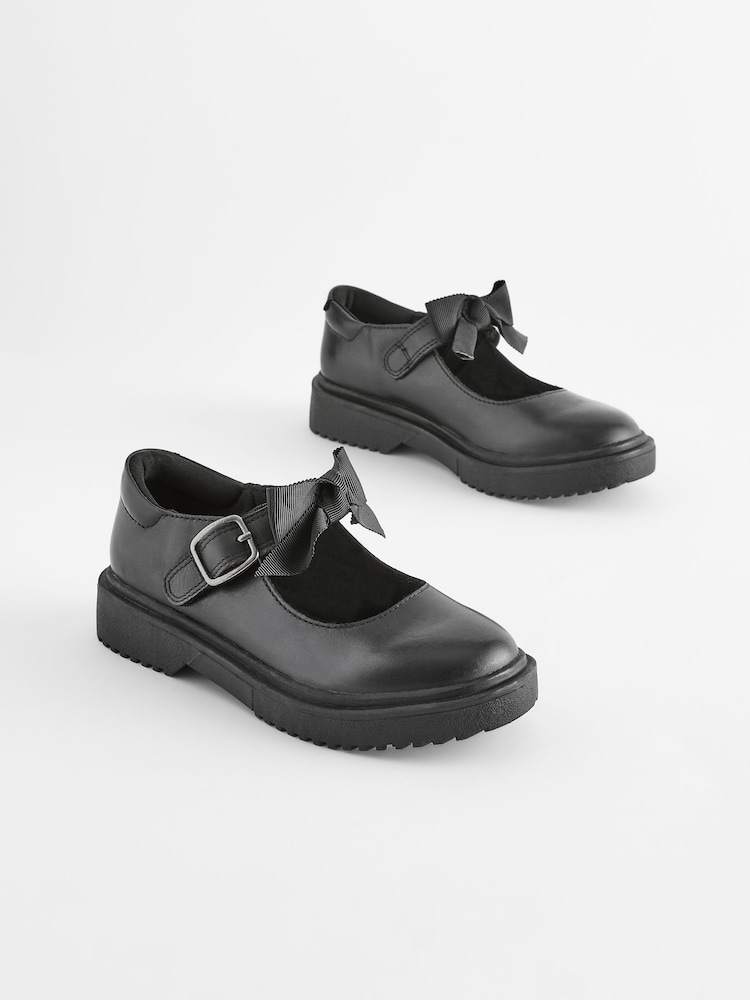 Matt Black Standard Fit (F) Leather Bow Chunky Mary Jane School Shoes - Image 2 of 7