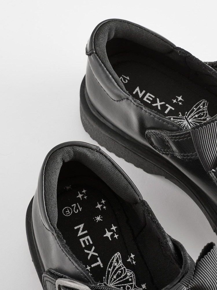 Matt Black Standard Fit (F) Leather Bow Chunky Mary Jane School Shoes - Image 7 of 7