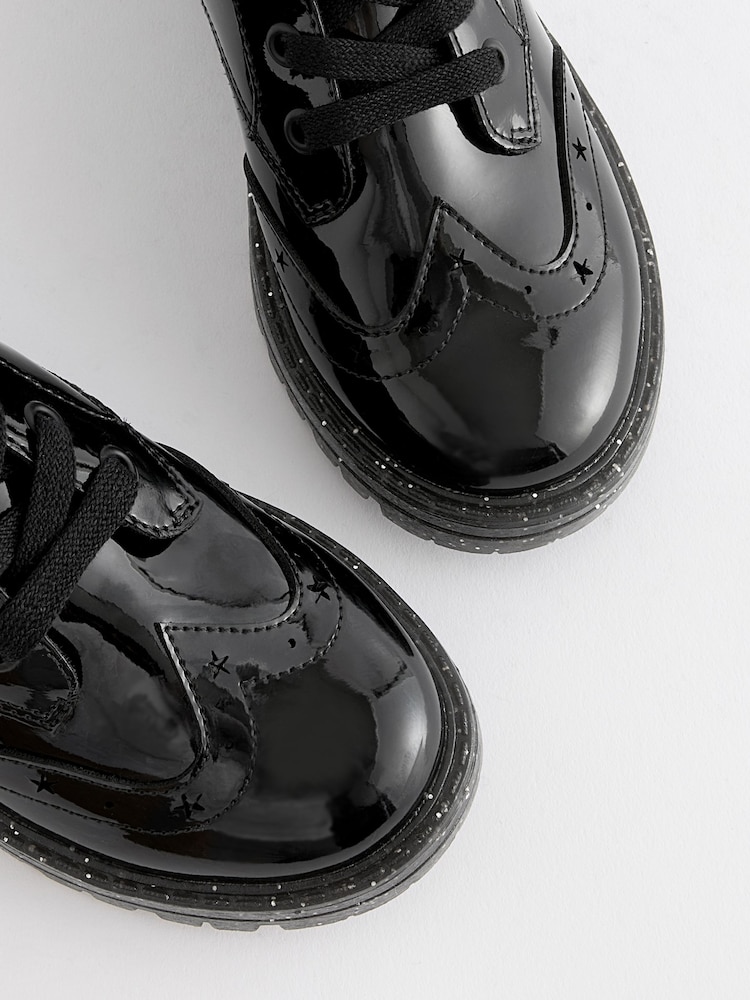Black Patent Glitter Sole Lace Up Chunky School Shoes - Image 8 of 8