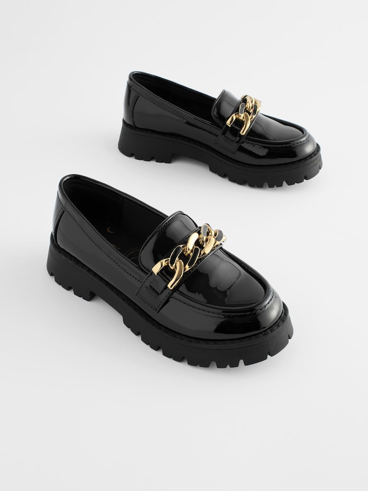 Black Patent Chunky Chain Loafer School Shoes - Image 1 of 6