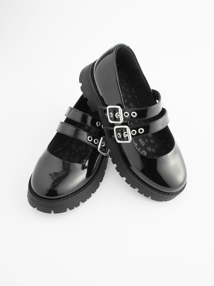 Black Patent Chunky Double Buckle Mary Jane School Shoes - Image 3 of 8