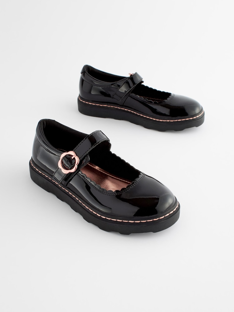 Black Patent Leather Chunky Rose Gold Mary Jane School Shoes - Image 1 of 8