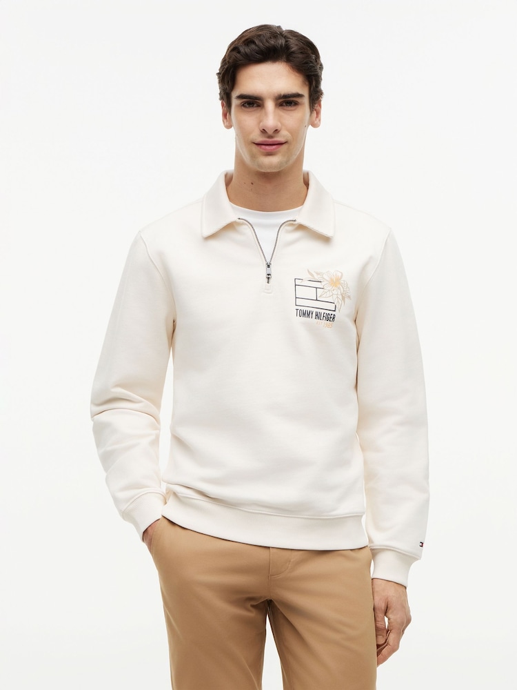 Tommy Hilfiger Cream Graphic Quarter-Zip Rugby Sweatshirt - Image 1 of 5