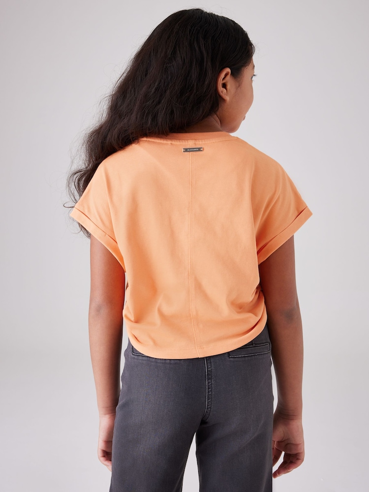 smALLSAINTS Coral Pink Girls Mira Cropped Ruched Side 100% Cotton T-Shirt - Image 2 of 7