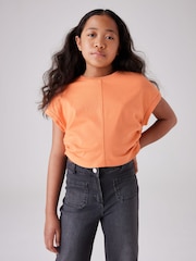 smALLSAINTS Coral Pink Girls Mira Cropped Ruched Side 100% Cotton T-Shirt - Image 3 of 7