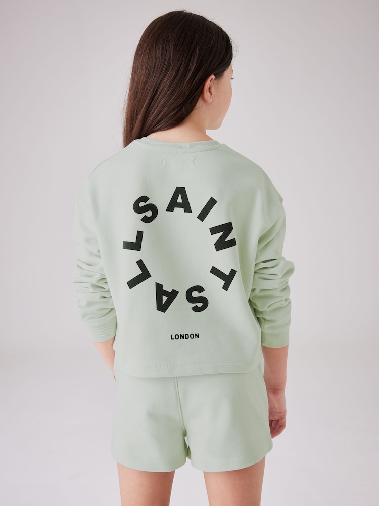 smALLSAINTS Light Green Girls Tierra 100% Cotton Sweatshirt and Sweat Short Set - Image 2 of 6