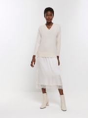 River Island Cream Hybrid Satin Midi Jumper Dress - Image 1 of 5