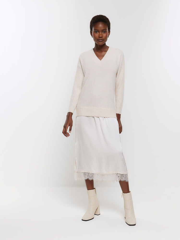 River Island Cream Hybrid Satin Midi Jumper Dress - Image 1 of 5 River Island Cream Hybrid Satin Midi Jumper Dress - Image 1 of 5