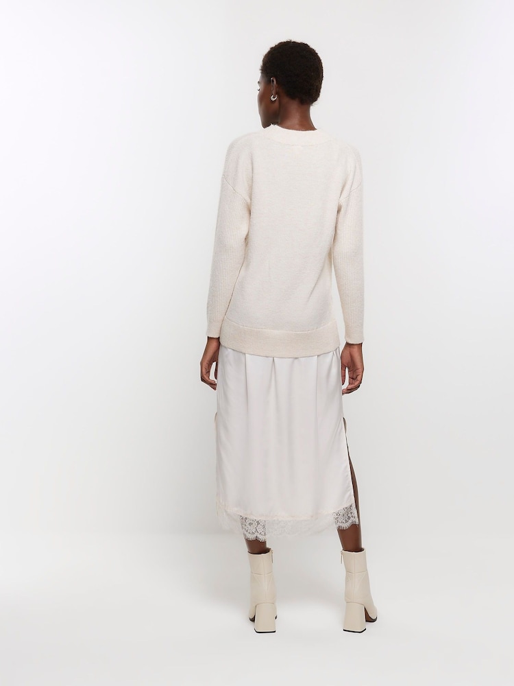 River Island Cream Hybrid Satin Midi Jumper Dress - Image 2 of 5 River Island Cream Hybrid Satin Midi Jumper Dress - Image 2 of 5