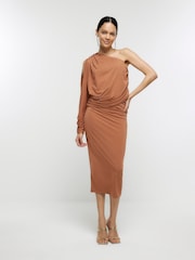 River Island Orange Cold Shoulder Drape Midi Dress - Image 1 of 5