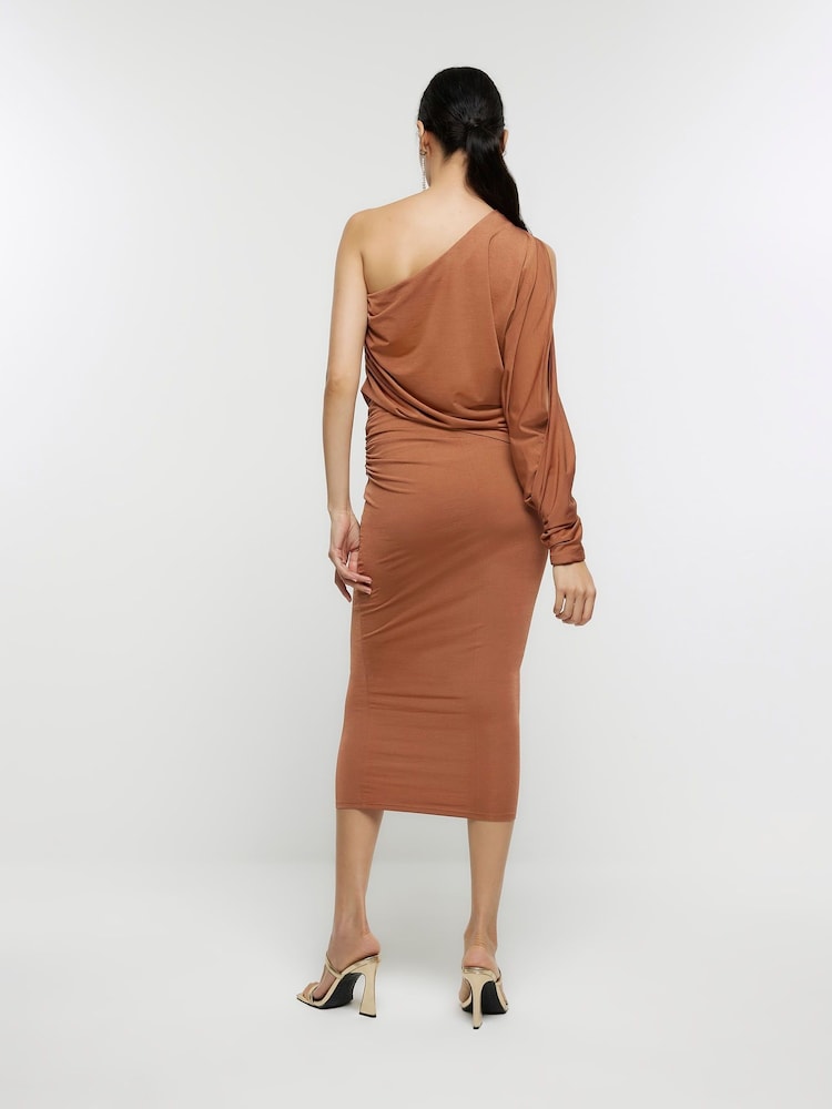 River Island Orange Cold Shoulder Drape Midi Dress - Image 2 of 5 River Island Orange Cold Shoulder Drape Midi Dress - Image 2 of 5