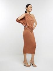 River Island Orange Cold Shoulder Drape Midi Dress - Image 3 of 5