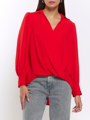 River Island Red V-Neck Wrap Blouse - Image 1 of 5