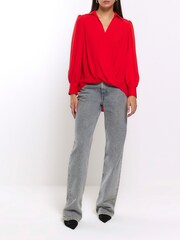 River Island Red V-Neck Wrap Blouse - Image 2 of 5