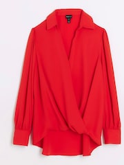 River Island Red V-Neck Wrap Blouse - Image 4 of 5