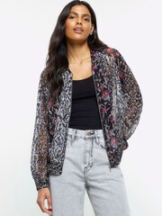 River Island Black Printed Chiffon Bomber Jacket - Image 1 of 5