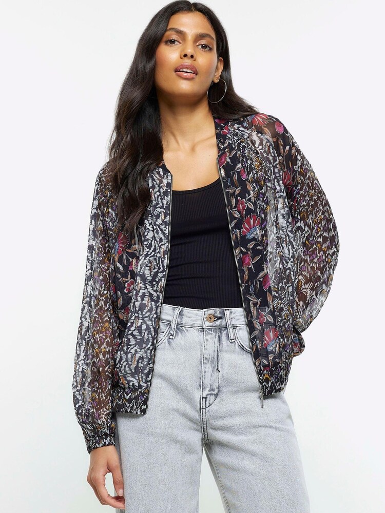 River Island Black Printed Chiffon Bomber Jacket - Image 1 of 5 River Island Black Printed Chiffon Bomber Jacket - Image 1 of 5