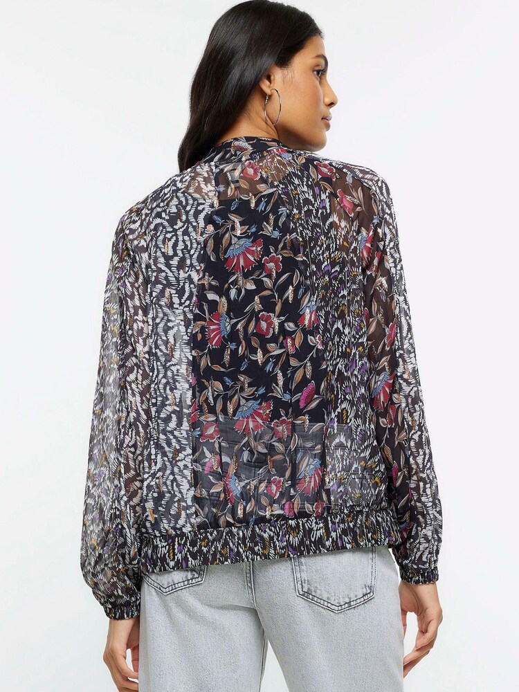 River Island Black Printed Chiffon Bomber Jacket - Image 2 of 5 River Island Black Printed Chiffon Bomber Jacket - Image 2 of 5