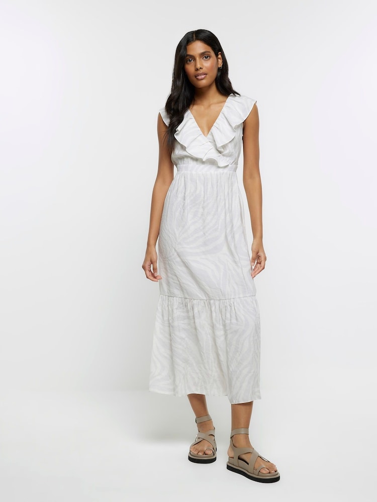 River Island Grey Printed V-Neck Frill Tea Dress - Image 1 of 4 River Island Grey Printed V-Neck Frill Tea Dress - Image 1 of 4