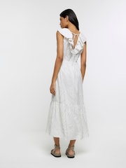 River Island Grey Printed V-Neck Frill Tea Dress - Image 2 of 4