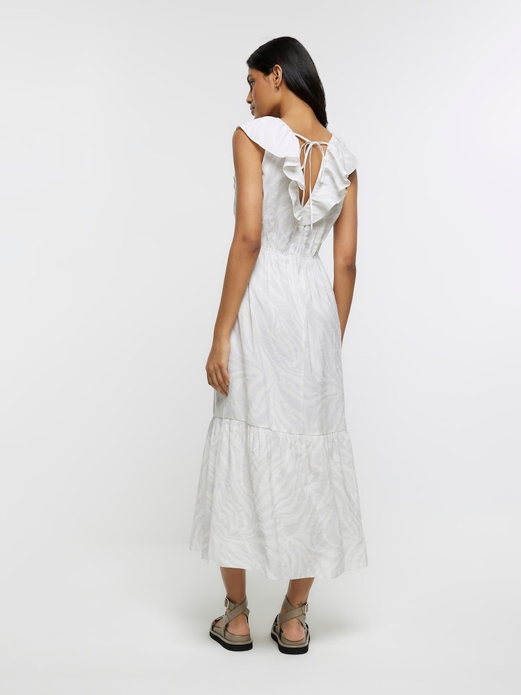 River Island Grey Printed V-Neck Frill Tea Dress - Image 2 of 4 River Island Grey Printed V-Neck Frill Tea Dress - Image 2 of 4