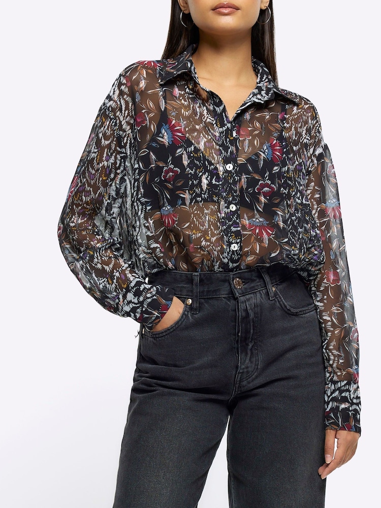 River Island Black Printed Chiffon Shirt - Image 1 of 1