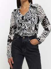 River Island Black Embellished Ruffle Blouse - Image 1 of 5