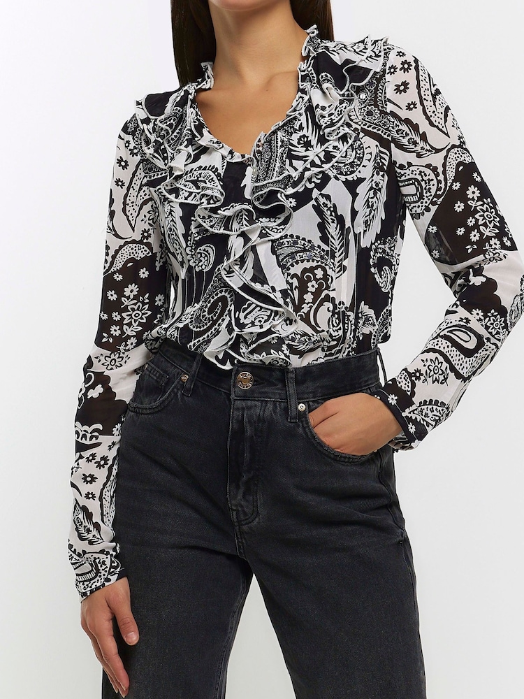 River Island Black Embellished Ruffle Blouse - Image 1 of 5