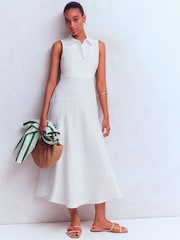 Boden White Erma Drop Waist Linen Dress - Image 5 of 6