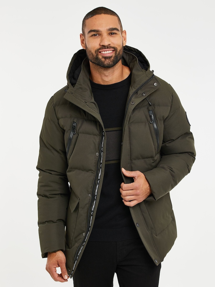 Kaki zelena - Threadbare Puffer plašč s kapuco, nepremočljiv za prhanje - Slika 1 iz 4