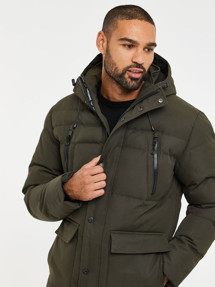 Kaki zelena - Threadbare Puffer plašč s kapuco, nepremočljiv za prhanje - Slika 4 iz 4