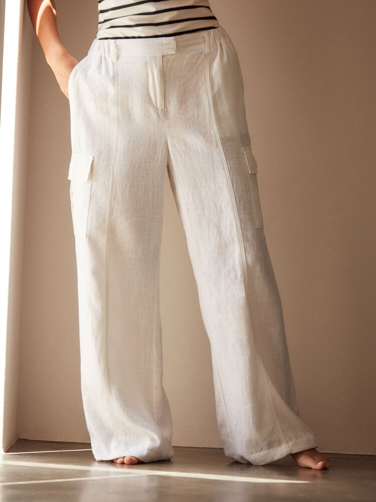 White Linen Blend Cargo Wide Leg Trousers - Image 2 of 7 White Linen Blend Cargo Wide Leg Trousers - Image 2 of 7