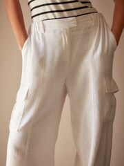 White Linen Blend Cargo Wide Leg Trousers - Image 4 of 7
