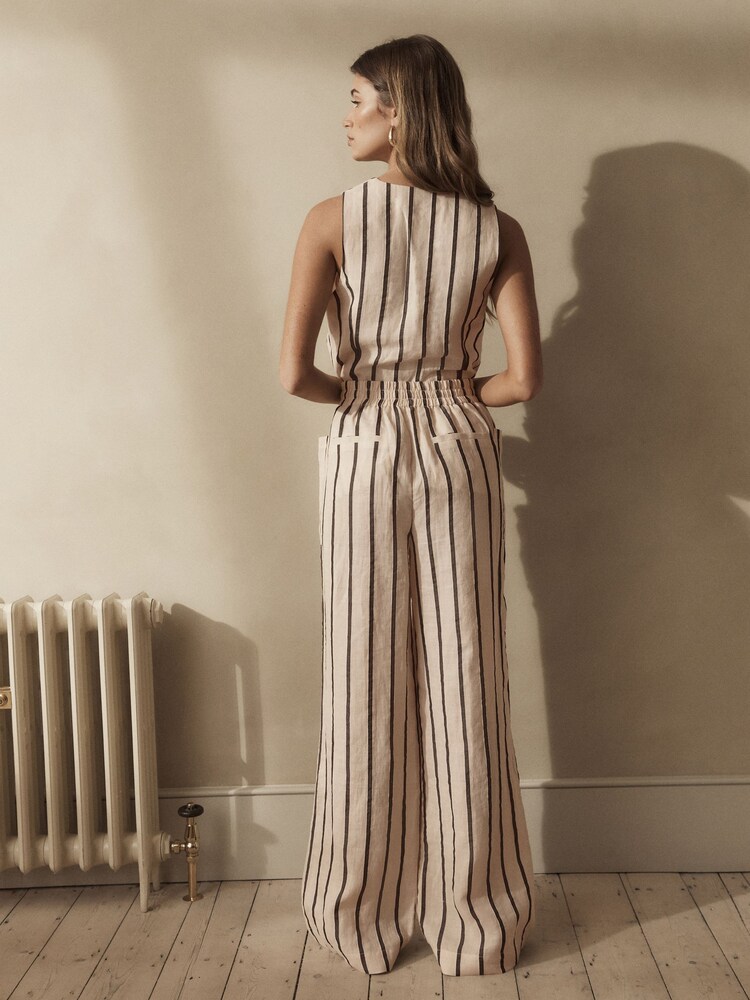 Ecru Ramie Blend Wide Leg Stripe Trousers - Image 2 of 5 Ecru Ramie Blend Wide Leg Stripe Trousers - Image 2 of 5