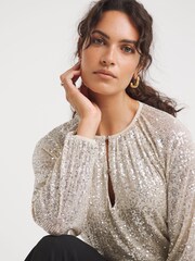 JD Williams Champagne Volume Sleeve Sequin Top - Image 4 of 4