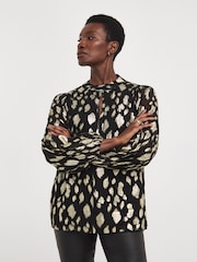 JD Williams Gold Keyhole Metallic Jacquard Blouse - Image 1 of 3