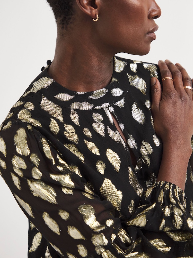 JD Williams Gold Keyhole Metallic Jacquard Blouse - Image 3 of 3