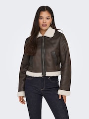 ONLY Brown Faux Fur Collar Detail Bomber Jacket - Image 1 of 7