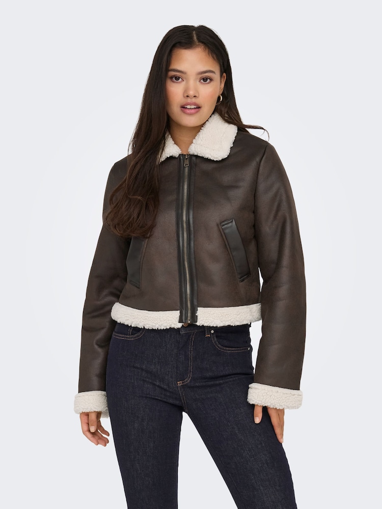ONLY Brown Faux Fur Collar Detail Bomber Jacket - Image 1 of 7