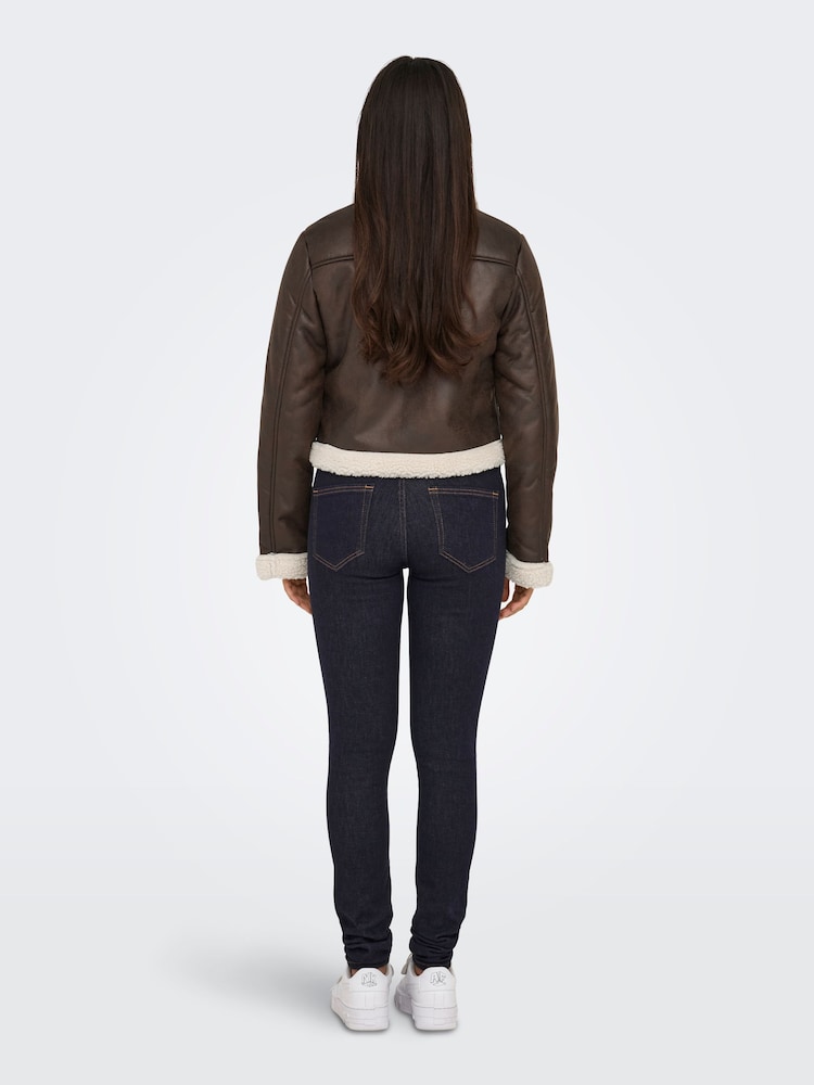 ONLY Brown Faux Fur Collar Detail Bomber Jacket - Image 2 of 7