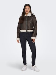 ONLY Brown Faux Fur Collar Detail Bomber Jacket - Image 3 of 7