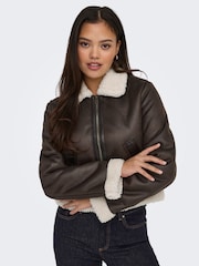 ONLY Brown Faux Fur Collar Detail Bomber Jacket - Image 4 of 7
