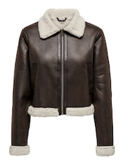 ONLY Brown Faux Fur Collar Detail Bomber Jacket - Image 6 of 7