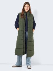 NOISY MAY Green Maxi Length Padded Quilted Collarless Gilet - Image 1 of 4