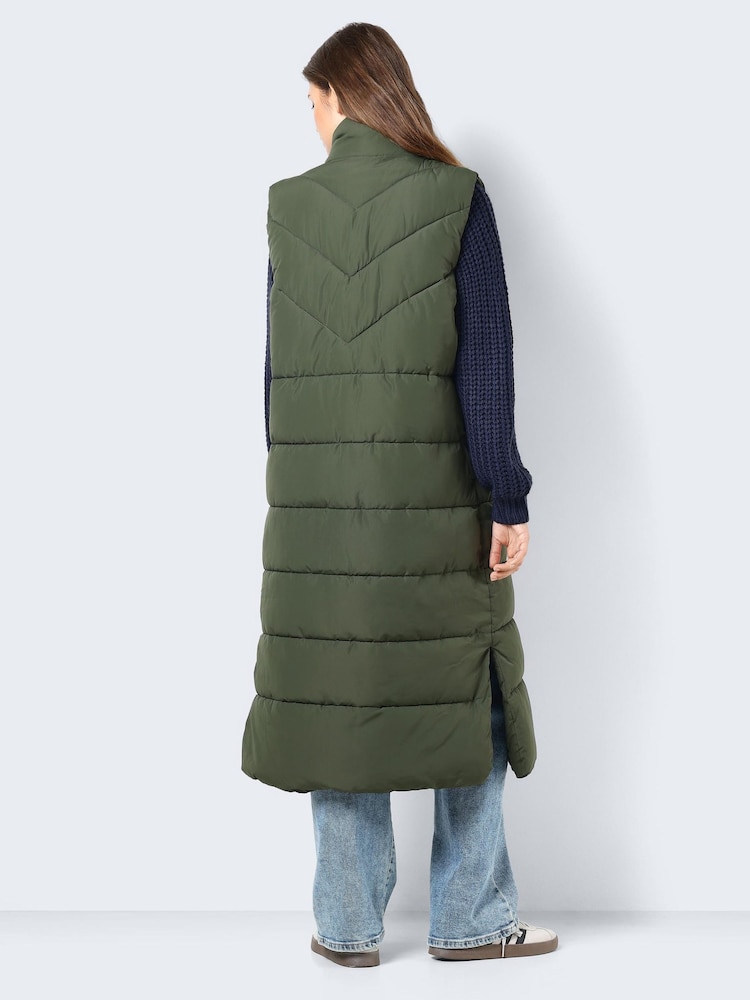 NOISY MAY Green Maxi Length Padded Quilted Collarless Gilet - Image 2 of 4