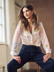 Ecru Celestial Print Sheer Long Sleeve Shirt - Image 1 of 7