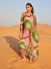 Multi Smudge Print Long Sleeve Sheer Kaftan Midi Dress - Image 1 of 5