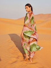 Multi Smudge Print Long Sleeve Sheer Kaftan Midi Dress - Image 2 of 5